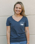 Women's blue recycled v neck t-shirt with white Lake Superior logo