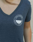 Women's blue recycled v neck t-shirt with white Lake Superior logo