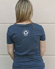Women's blue recycled v neck t-shirt with white Lake Superior logo
