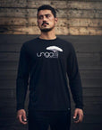 Men's (unisex) sustainable long sleeve black shirt with white Ungalli logo on front