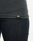 Women's short sleeve grey organic t-shirt with white text on front that reads: "The smell of lake the feel of the woods"