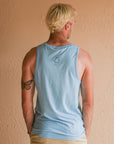 Light blue men's tank top with but Ungalli logo across front