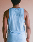 Men's organic light blue tank top with sail boat 'greatest lake' design on front