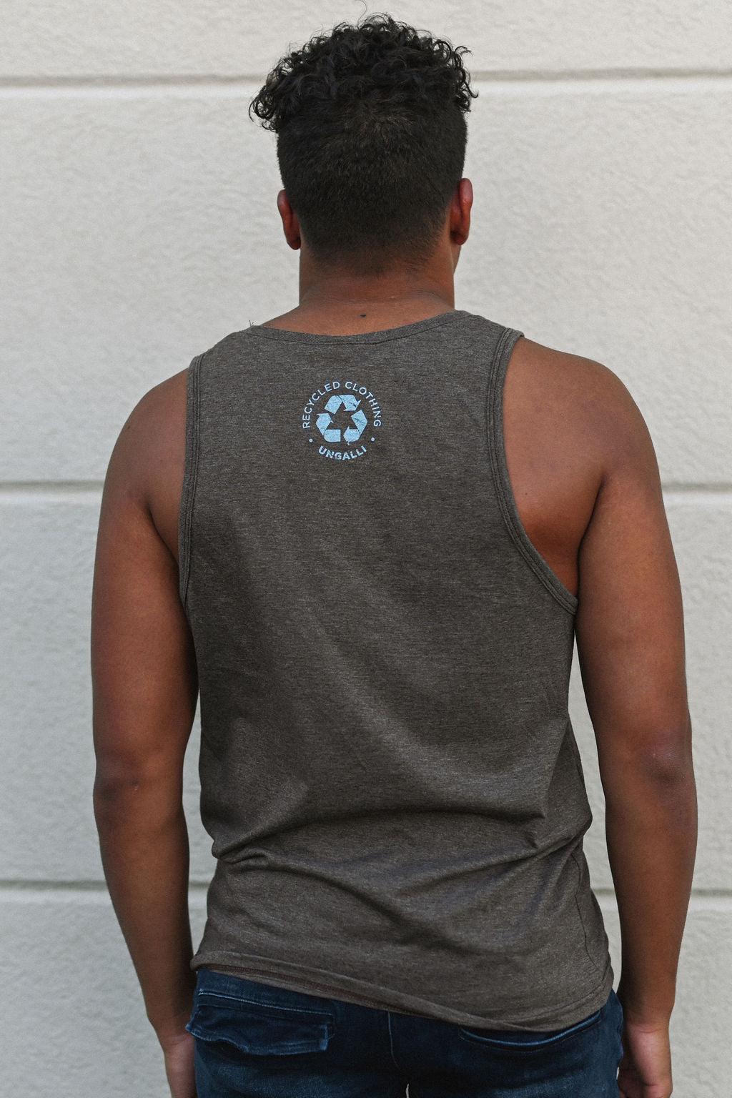 Brown men's organic tank top with blue Ungalli logo across front