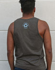 Brown men's organic tank top with blue Ungalli logo across front