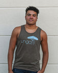 Brown men's organic tank top with blue Ungalli logo across front