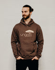 Brown ethically made unisex pull over hoodie with beige Ungalli logo
