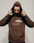 Brown ethically made unisex pull over hoodie with beige Ungalli logo