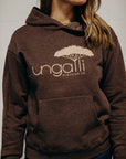 Brown ethically made unisex pull over hoodie with beige Ungalli logo