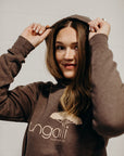 Brown ethically made unisex pull over hoodie with beige Ungalli logo