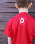 Children's recycled red t-shirt with white accents and sleeping giant outline across front