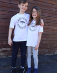 Kid's organic short sleeve white t-shirt with grey design on front
