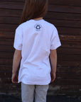 Kid's organic short sleeve white t-shirt with grey design on front