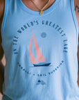 Men's organic light blue tank top with sail boat 'greatest lake' design on front