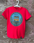 Kids red organic t-shirt with multi coloured 'adventure club' logo