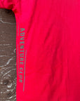 Kids red organic t-shirt with multi coloured 'adventure club' logo
