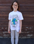 Children's sustainably made white t-shirt with earth design and text on front