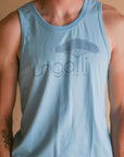 Light blue men's tank top with but Ungalli logo across front