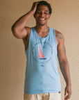 Men's organic light blue tank top with sail boat 'greatest lake' design on front