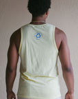Men's recycled yellow tank top with light blue Ungalli logo across front