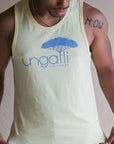 Men's recycled yellow tank top with light blue Ungalli logo across front