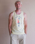 Men's yellow ethically made tank top with sail boat 'greatest lake' design on front