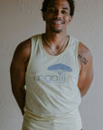 Men's recycled yellow tank top with light blue Ungalli logo across front