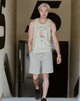 Men's yellow ethically made tank top with sail boat 'greatest lake' design on front