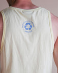Men's yellow ethically made tank top with sail boat 'greatest lake' design on front