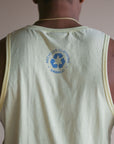 Men's recycled yellow tank top with light blue Ungalli logo across front