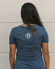 Organic blue short sleeve women's shirt with 'shelter' logo
