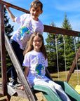 Children's sustainably made white t-shirt with earth design and text on front