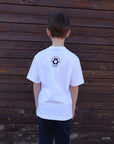 Children's sustainably made white t-shirt with earth design and text on front