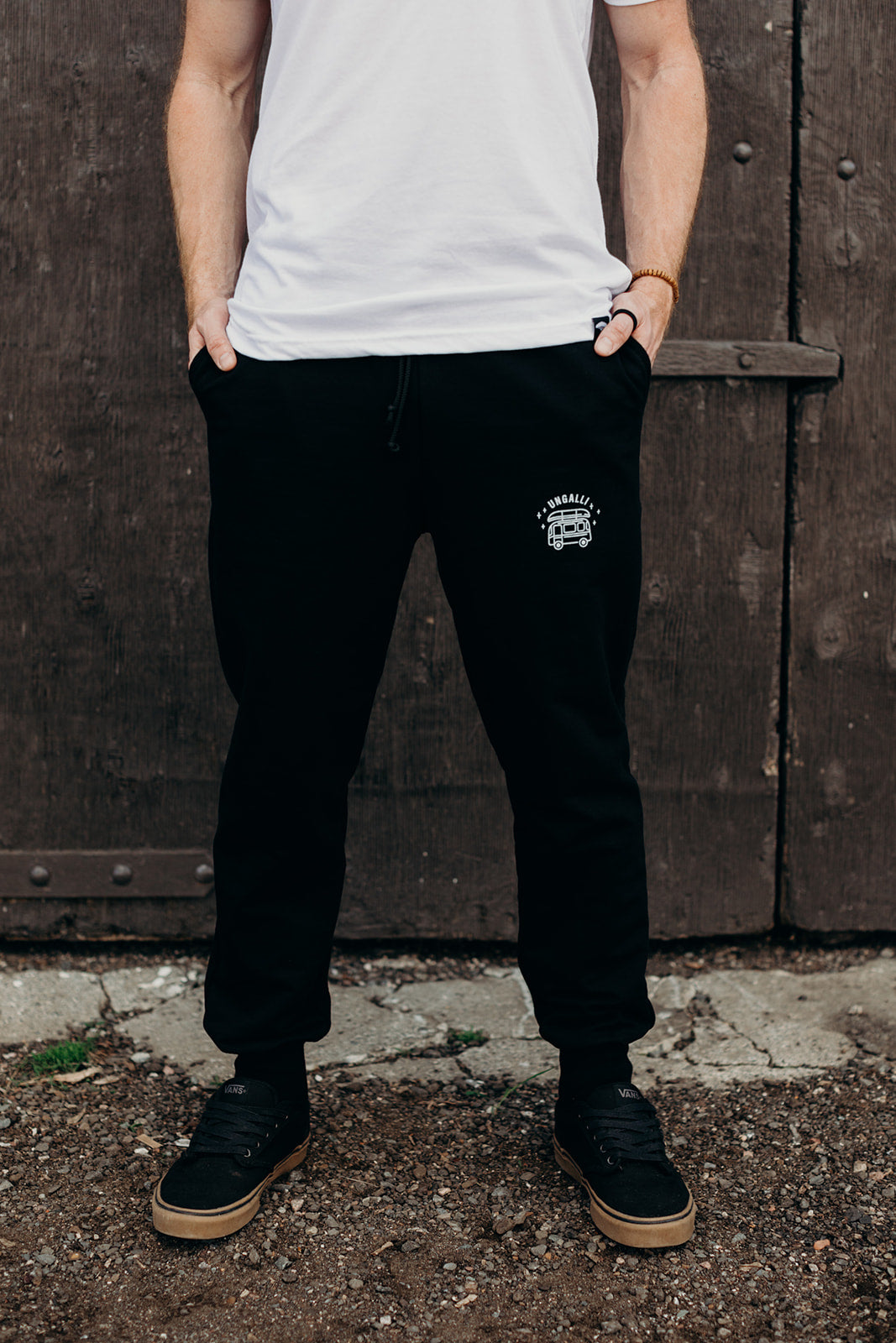 Black ethically made unisex joggers with white detailing