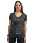 Women's short sleeve grey organic t-shirt with white text on front that reads: "The smell of lake the feel of the woods"
