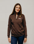Brown unisex recycled 1/4 zip sweater with small Ungalli logo in white on front
