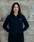 Recycled unisex navy zip up hoodie with light blue Ungalli logo