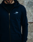 Recycled unisex navy zip up hoodie with light blue Ungalli logo