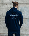 Recycled unisex navy zip up hoodie with light blue Ungalli logo