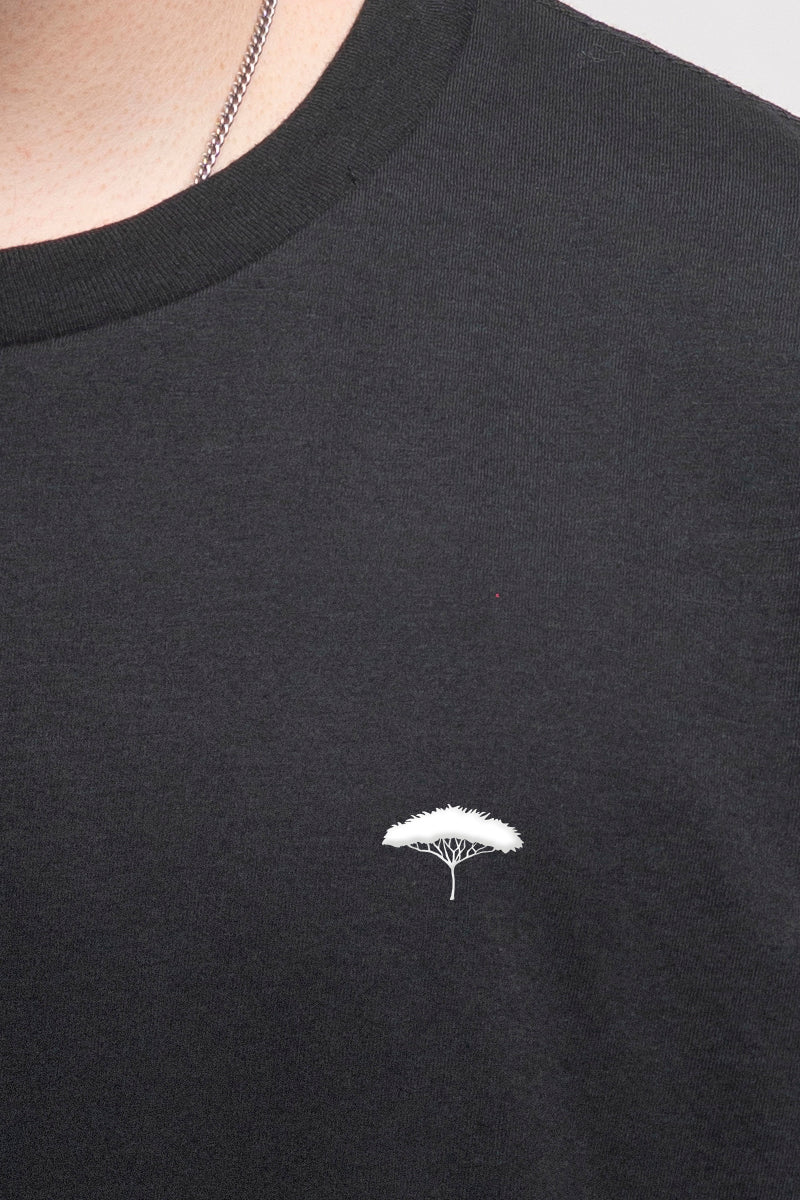 Ethically made unisex t-shirt in black with small white Ungalli tree on front