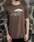 Brown organic unisex t-shirt with white Ungalli logo across front