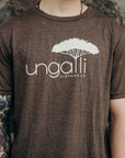 Brown organic unisex t-shirt with white Ungalli logo across front