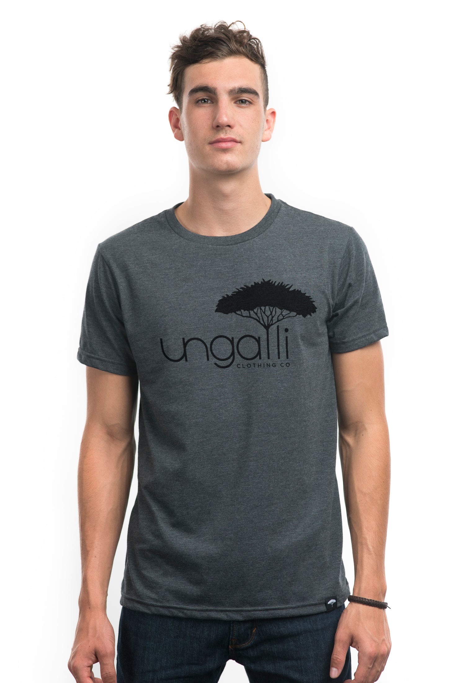 Unisex organic grey t-shirt with matte black Ungalli logo across front