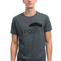 Unisex organic grey t-shirt with matte black Ungalli logo across front