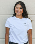 White unisex organically made t-shirt with black text on back