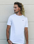 White unisex organically made t-shirt with black text on back