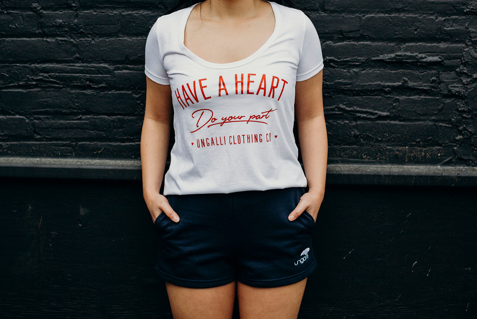 Women's recycled jogger shorts in navy with small Ungalli logo on front