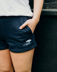 Women's recycled jogger shorts in navy with small Ungalli logo on front
