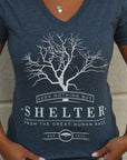 Organic blue short sleeve women's shirt with 'shelter' logo