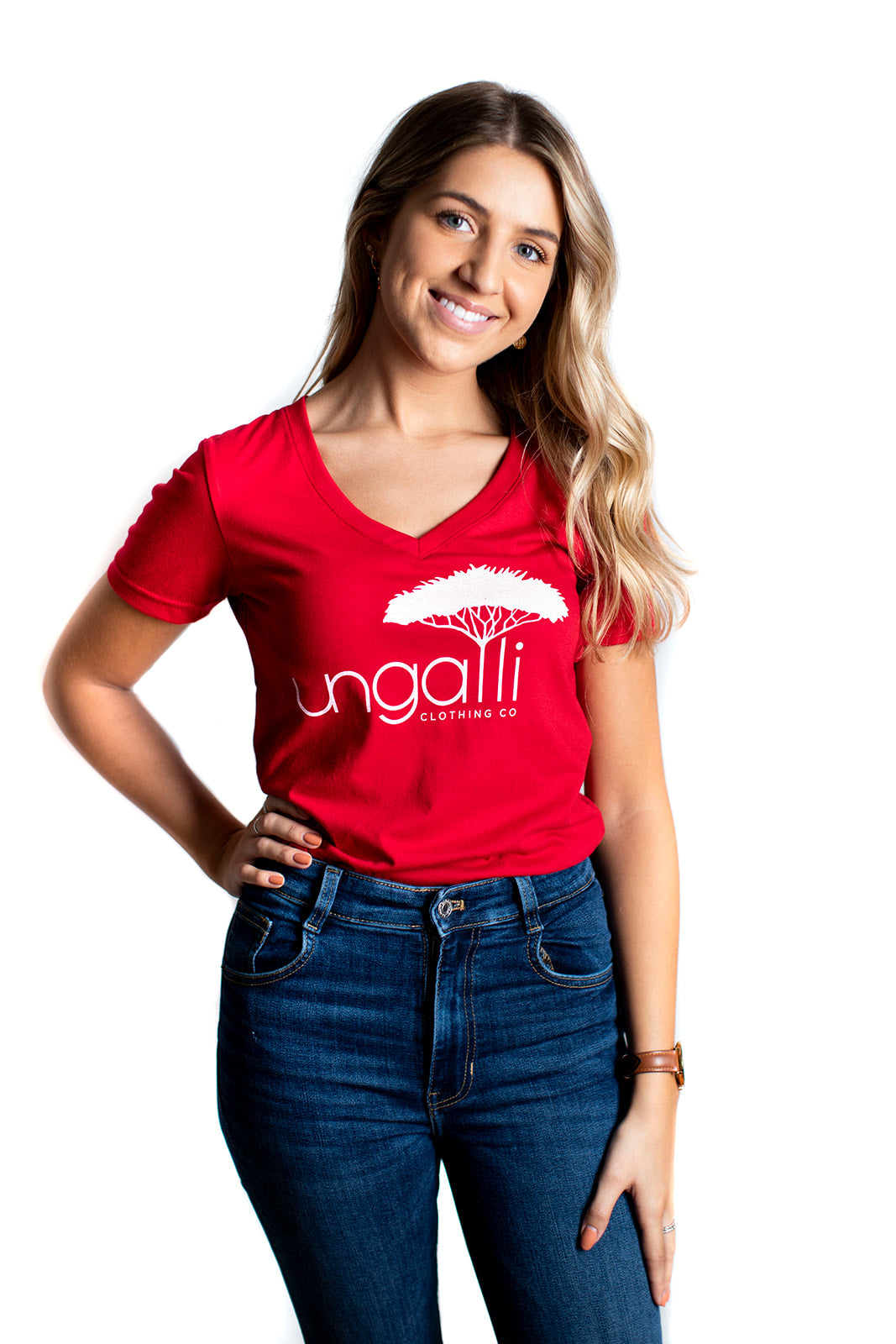 Women's organic red short sleeve t-shirt with white Ungalli logo on front